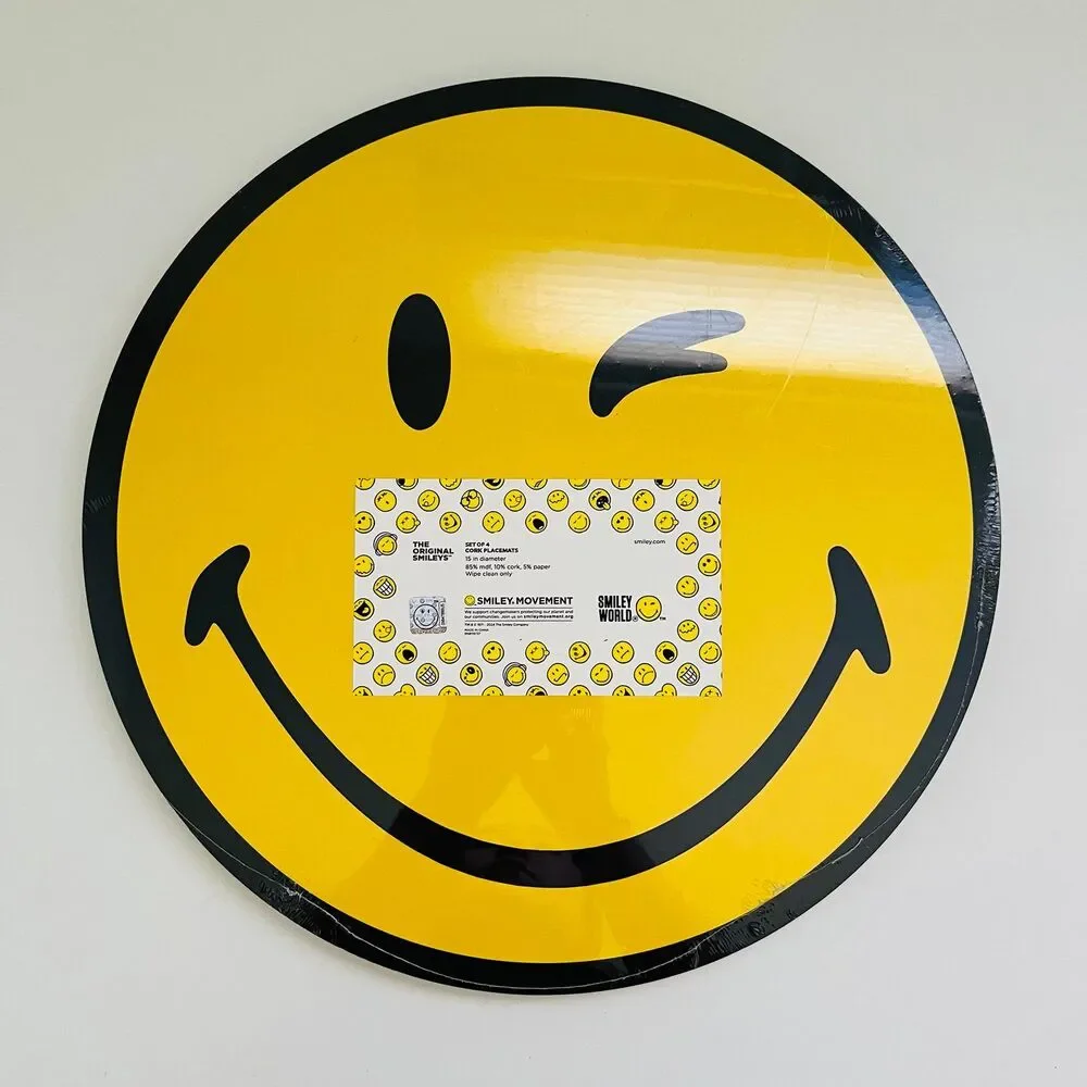 SMILEY WORLD Yellow Round Smiley Face Set of 4 Cork Placemats